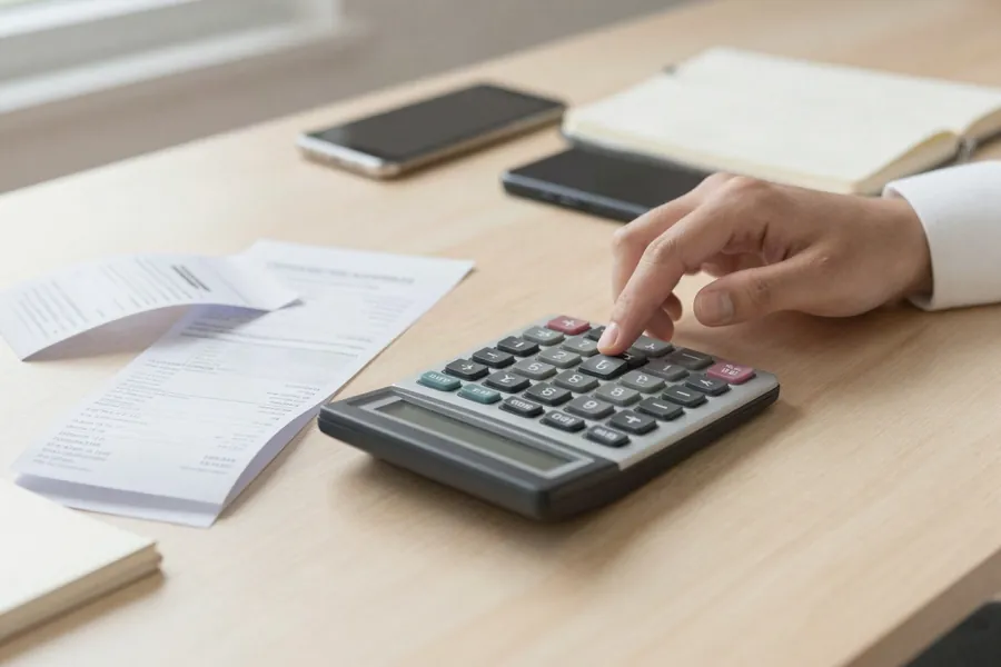 Cálculo con calculadora y boletas sobre el escritorio