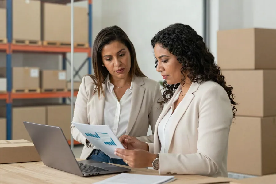 Dos socias revisando los números de su empresa en la bodega