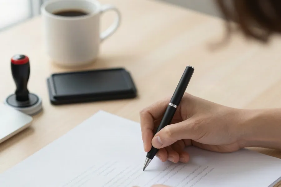 Firma de documentos de la empresa, con timbre sobre el escritorio